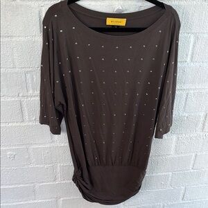 St. John Studded Accents Brown Top with Silver Tunic Dress sz M